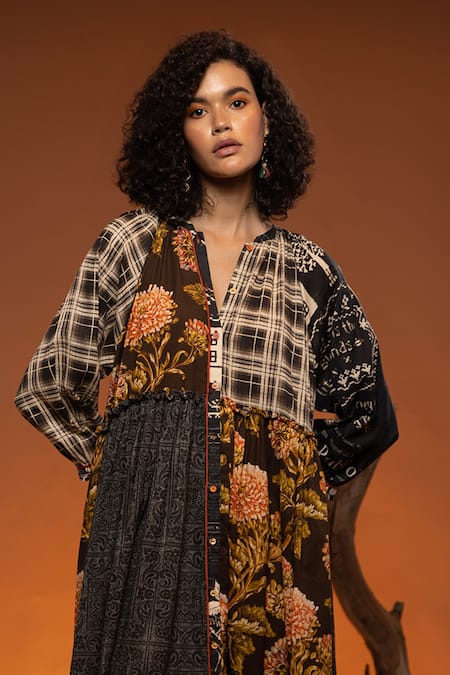 CAPISVIRLEO_Black Cotton Embroidery Bandeau Neck Bubinga Floral Patchwork Print Dress _at_Aza_Fashions