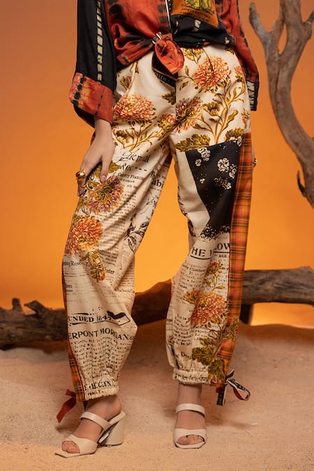 CAPISVIRLEO_Ivory Cotton Embroidery Cedar Botanical Print Cargo Pant _Online_at_Aza_Fashions