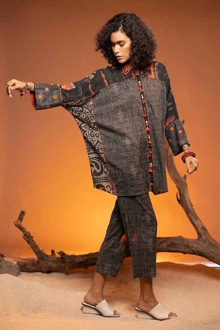 CAPISVIRLEO_Black Cotton Embroidery Collared Sheesham Hand Shirt_Online_at_Aza_Fashions