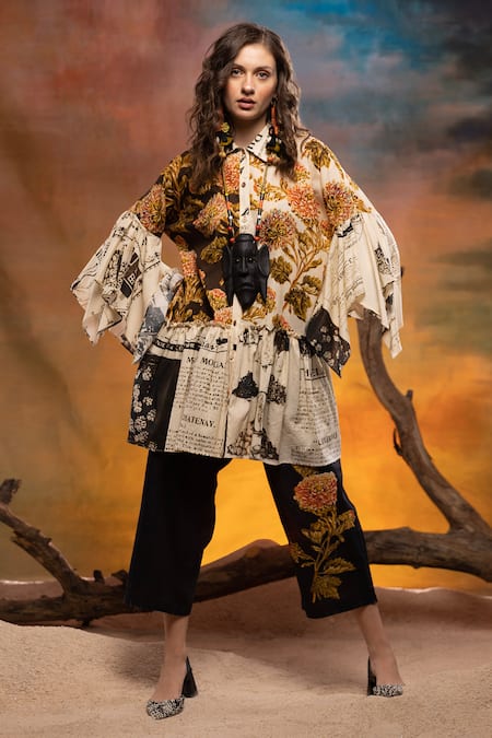 CAPISVIRLEO_Ivory Cotton Collared Tamarind Printed Shirt Dress _Online_at_Aza_Fashions