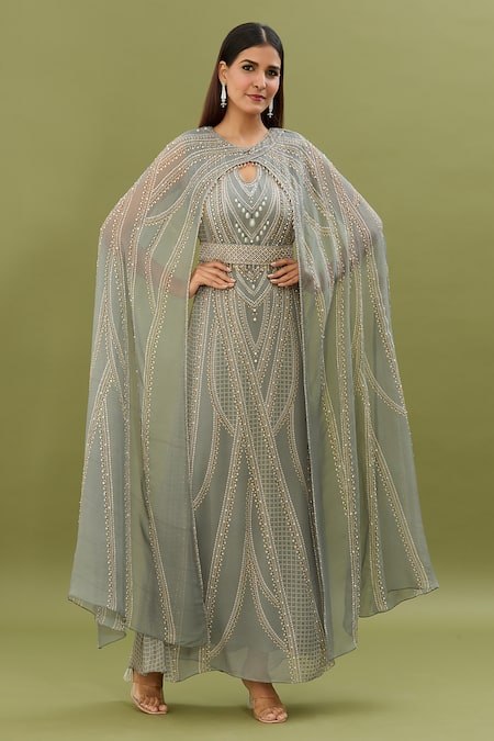 NIRRAAMYAA Grey Vis Georgette Embroidered Rhinestone Round Pearl Print Cape Sleeve Kaftan 