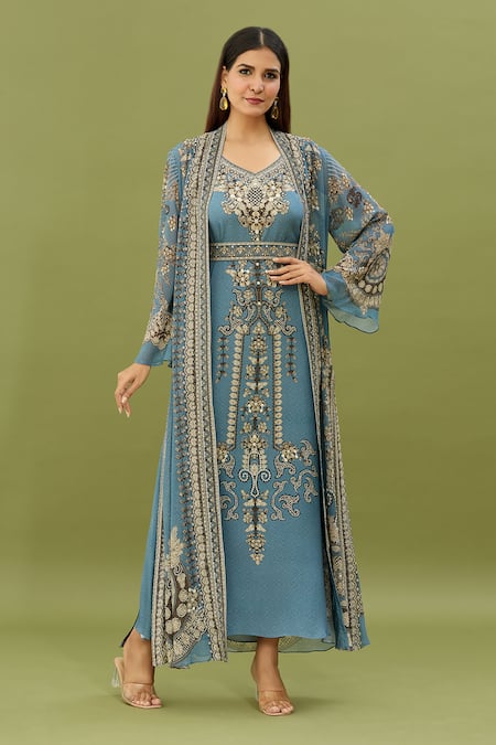 NIRRAAMYAA Blue Bemberg Crepe Embroidered Rhinestone Jacket Geometric Print Kaftan Set 