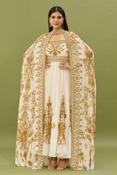 Buy Beige Organza Embroidered Rhinestone Jacket Floral Swirl Print