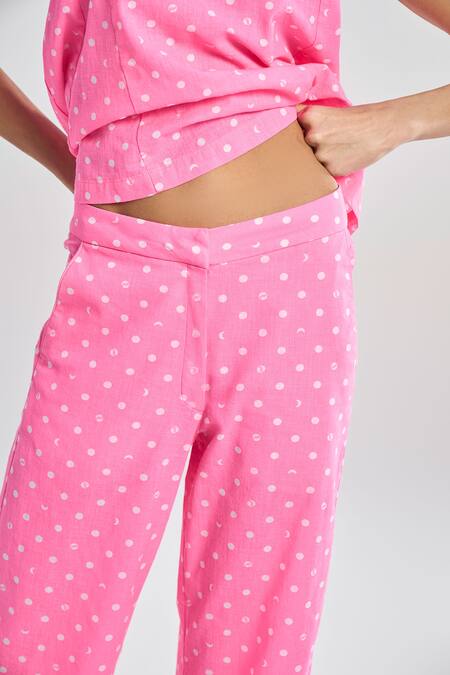 Shop Terra Luna Pink 100% Organic Handloom Cotton Printed Lunar Polka Dot Flared Pant Online at Aza Fashions Shop_Terra Luna_Pink 100% Organic Handloom Cotton Printed Lunar Polka Dot Flared Pant _Online_at_Aza_Fashions