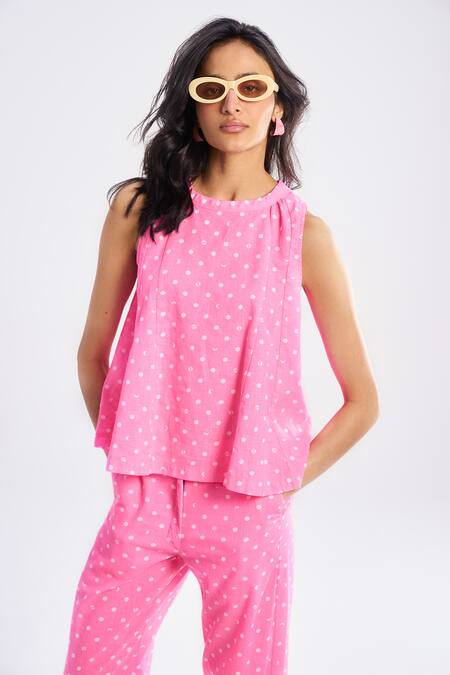 Shop Terra Luna Pink 100% Organic Handloom Cotton Printed Lunar Polka Dot Flared Pant at Aza Fashions Shop_Terra Luna_Pink 100% Organic Handloom Cotton Printed Lunar Polka Dot Flared Pant _at_Aza_Fashions