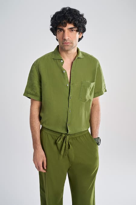 Shop Terra Luna Green 100% Organic Handloom Oxford Cotton Solid Wide Leg Lounge Trouser at Aza Fashions Shop_Terra Luna_Green 100% Organic Handloom Oxford Cotton Solid Wide Leg Lounge Trouser _at_Aza_Fashions