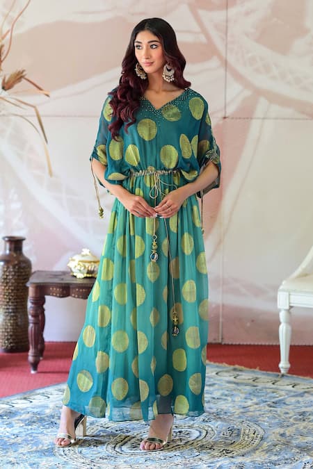 Buy_Farha Syed_Green Brocade, Georgette, Taffeta Cut Work, Floral Pattern Kaftan Dress _Online_at_Aza_Fashions