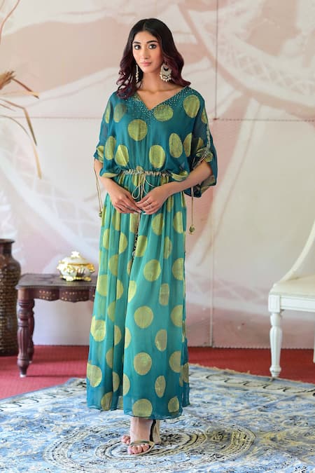 Shop_Farha Syed_Green Brocade, Georgette, Taffeta Cut Work, Floral Pattern Kaftan Dress _Online_at_Aza_Fashions