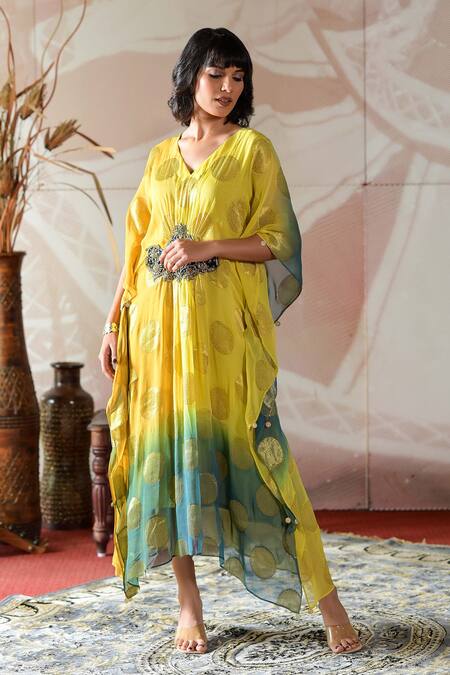Buy_Farha Syed_Yellow Georgette, Taffeta Embroidery, Sequins V-neck Floral Woven Kaftan Dress _Online_at_Aza_Fashions