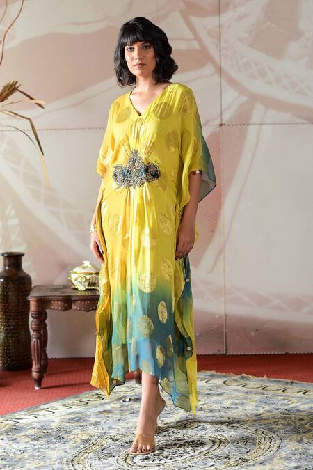 Shop_Farha Syed_Yellow Georgette, Taffeta Embroidery, Sequins V-neck Floral Woven Kaftan Dress _Online_at_Aza_Fashions