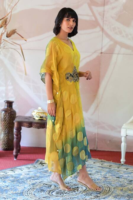 Farha Syed_Yellow Georgette, Taffeta Embroidery, Sequins V-neck Floral Woven Kaftan Dress _at_Aza_Fashions