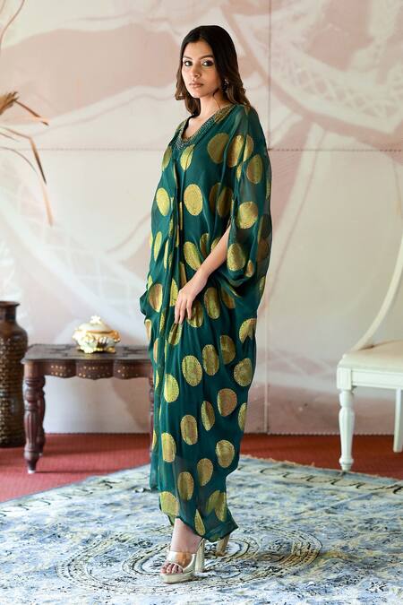 Buy_Farha Syed_Green Brocade, Georgette Embroidery V-neck Polka Dot Woven Kaftan Dress _Online_at_Aza_Fashions