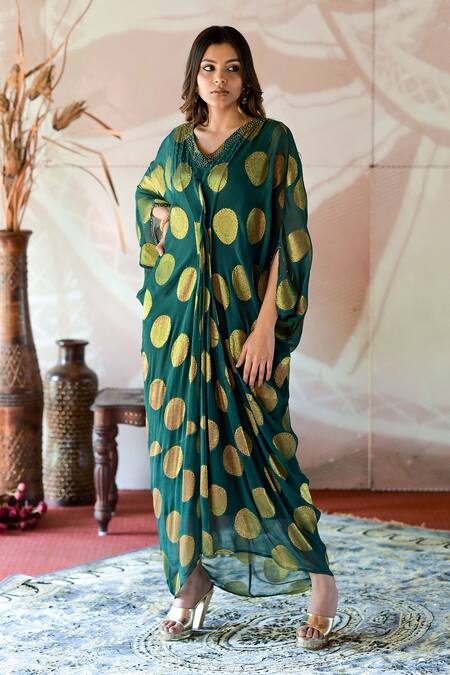 Shop_Farha Syed_Green Brocade, Georgette Embroidery V-neck Polka Dot Woven Kaftan Dress _Online_at_Aza_Fashions