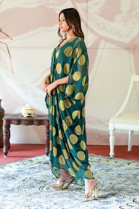 Farha Syed_Green Brocade, Georgette Embroidery V-neck Polka Dot Woven Kaftan Dress _at_Aza_Fashions