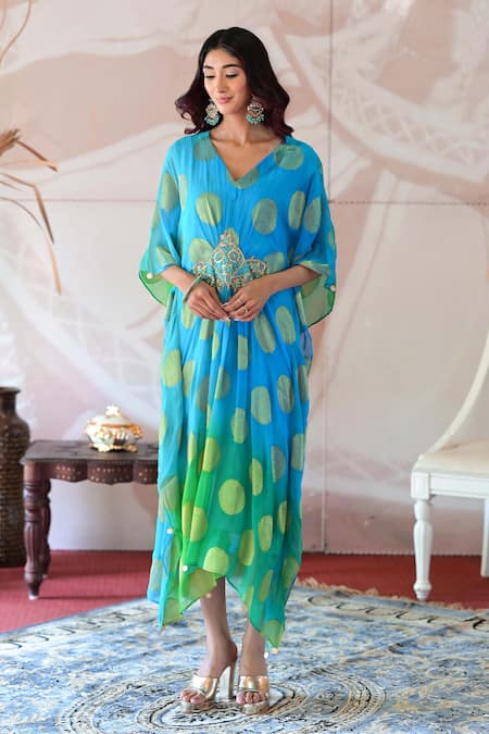 Buy_Farha Syed_Green Georgette Sequins, Embroidery V-neck Zardozi Placement Kaftan Dress _Online_at_Aza_Fashions