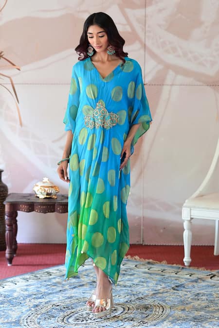 Shop_Farha Syed_Green Georgette Sequins, Embroidery V-neck Zardozi Placement Kaftan Dress _Online_at_Aza_Fashions