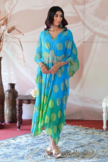 Farha Syed_Green Georgette Sequins, Embroidery V-neck Zardozi Placement Kaftan Dress _at_Aza_Fashions
