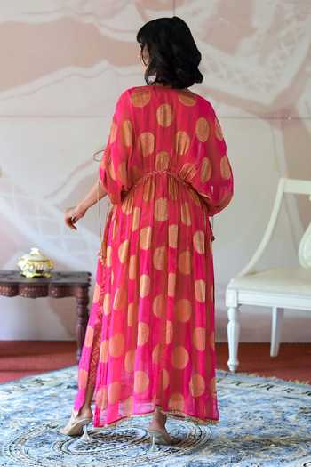 Farha Syed_Pink Georgette, Taffeta Cut Work, Floral Woven Kaftan Kurta And Pant Set _Online_at_Aza_Fashions