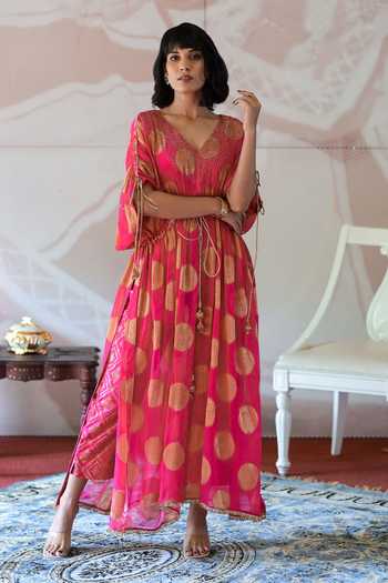 Farha Syed_Pink Georgette, Taffeta Cut Work, Floral Woven Kaftan Kurta And Pant Set _at_Aza_Fashions
