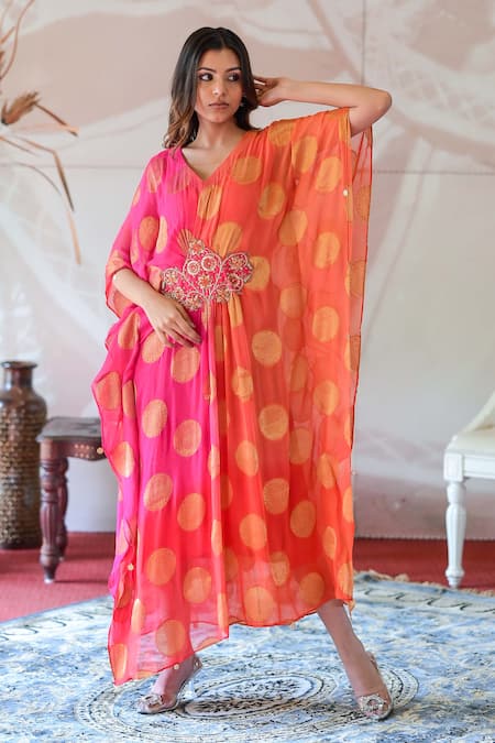Buy Farha Syed Pink Brocade, Georgette Sequins, Embroidery V-neck Placement Kaftan Dress Online at Aza Fashions Buy_Farha Syed_Pink Brocade, Georgette Sequins, Embroidery V-neck Placement Kaftan Dress _Online_at_Aza_Fashions