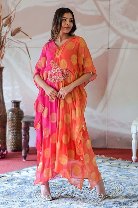 Shop Farha Syed Pink Brocade, Georgette Sequins, Embroidery V-neck Placement Kaftan Dress Online at Aza Fashions Shop_Farha Syed_Pink Brocade, Georgette Sequins, Embroidery V-neck Placement Kaftan Dress _Online_at_Aza_Fashions