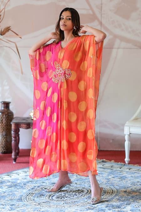 Farha Syed Pink Brocade, Georgette Sequins, Embroidery V-neck Placement Kaftan Dress at Aza Fashions Farha Syed_Pink Brocade, Georgette Sequins, Embroidery V-neck Placement Kaftan Dress _at_Aza_Fashions