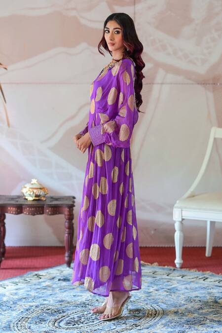 Buy_Farha Syed_Purple Georgette, Taffeta Embroidery, Cut Work V-neck Flower Woven Kaftan Dress _Online_at_Aza_Fashions