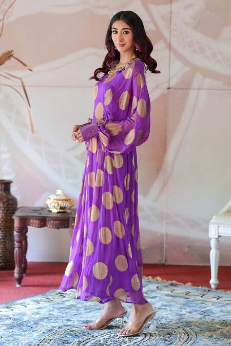 Shop_Farha Syed_Purple Georgette, Taffeta Embroidery, Cut Work V-neck Flower Woven Kaftan Dress _Online_at_Aza_Fashions