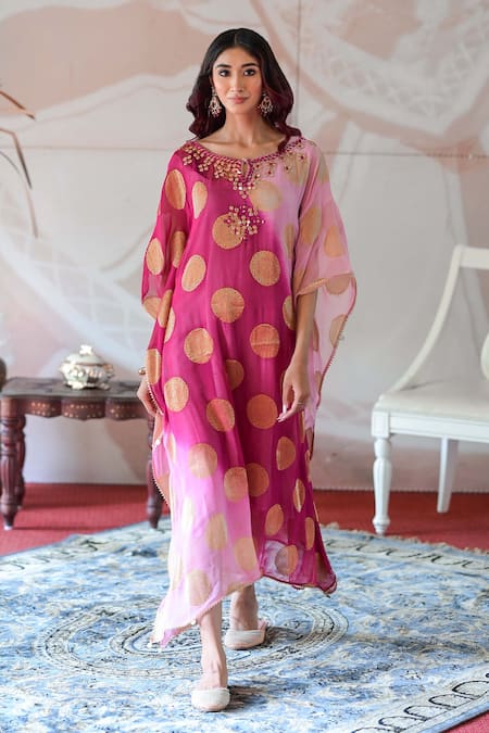 Farha Syed Mirror Neckline Embroidered Kaftan Dress 