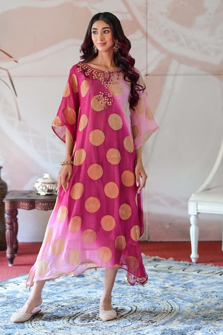 Buy_Farha Syed_Pink Georgette, Taffeta Mirrors, Embroidery Keyhole Neck Neckline Kaftan Dress _Online_at_Aza_Fashions