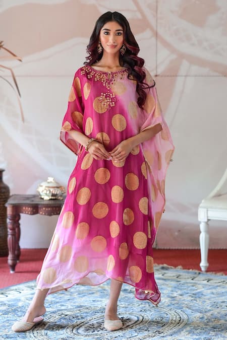 Shop_Farha Syed_Pink Georgette, Taffeta Mirrors, Embroidery Keyhole Neck Neckline Kaftan Dress _Online_at_Aza_Fashions