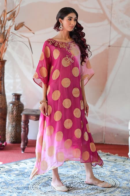 Farha Syed_Pink Georgette, Taffeta Mirrors, Embroidery Keyhole Neck Neckline Kaftan Dress _at_Aza_Fashions