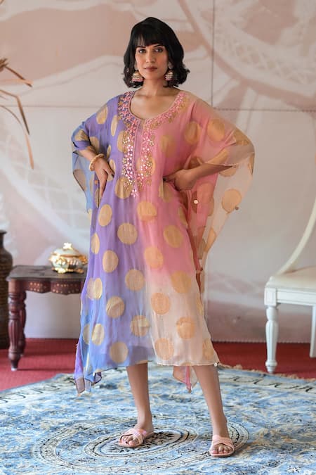 Buy Farha Syed Pink Georgette, Taffeta Embroidery, Mirrors Round Resham Neckline Kaftan Dress Online at Aza Fashions Buy_Farha Syed_Pink Georgette, Taffeta Embroidery, Mirrors Round Resham Neckline Kaftan Dress _Online_at_Aza_Fashions