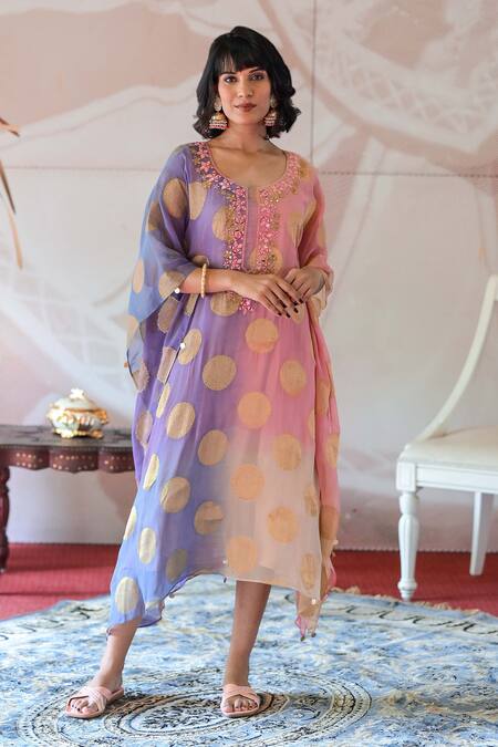 Shop Farha Syed Pink Georgette, Taffeta Embroidery, Mirrors Round Resham Neckline Kaftan Dress Online at Aza Fashions Shop_Farha Syed_Pink Georgette, Taffeta Embroidery, Mirrors Round Resham Neckline Kaftan Dress _Online_at_Aza_Fashions