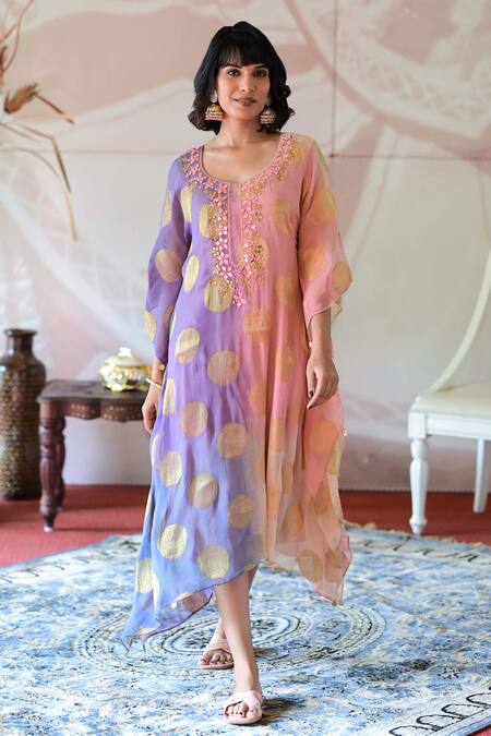 Farha Syed Pink Georgette, Taffeta Embroidery, Mirrors Round Resham Neckline Kaftan Dress at Aza Fashions Farha Syed_Pink Georgette, Taffeta Embroidery, Mirrors Round Resham Neckline Kaftan Dress _at_Aza_Fashions