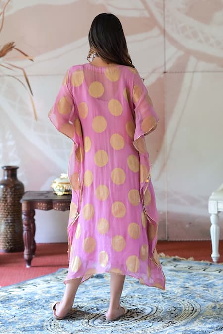 Farha Syed_Pink Georgette, Taffeta Mirrors, Embroidery Round Geometric Woven Kaftan Dress _Online_at_Aza_Fashions