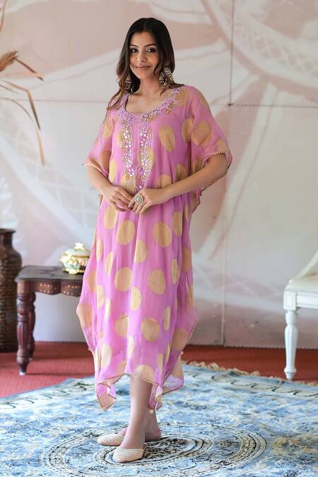 Buy_Farha Syed_Pink Georgette, Taffeta Mirrors, Embroidery Round Geometric Woven Kaftan Dress _Online_at_Aza_Fashions