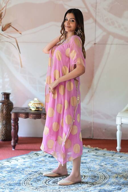Shop_Farha Syed_Pink Georgette, Taffeta Mirrors, Embroidery Round Geometric Woven Kaftan Dress _Online_at_Aza_Fashions