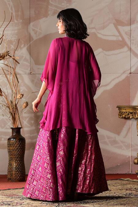 Farha Syed Wine Georgette, Brocade Cut Work, Embroidery V-neck Geometric Woven Kaftan Set Online at Aza Fashions Farha Syed_Wine Georgette, Brocade Cut Work, Embroidery V-neck Geometric Woven Kaftan Set _Online_at_Aza_Fashions