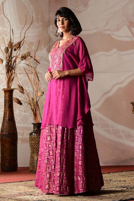 Buy Farha Syed Wine Georgette, Brocade Cut Work, Embroidery V-neck Geometric Woven Kaftan Set Online at Aza Fashions Buy_Farha Syed_Wine Georgette, Brocade Cut Work, Embroidery V-neck Geometric Woven Kaftan Set _Online_at_Aza_Fashions