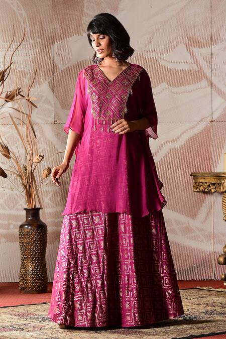 Shop Farha Syed Wine Georgette, Brocade Cut Work, Embroidery V-neck Geometric Woven Kaftan Set Online at Aza Fashions Shop_Farha Syed_Wine Georgette, Brocade Cut Work, Embroidery V-neck Geometric Woven Kaftan Set _Online_at_Aza_Fashions