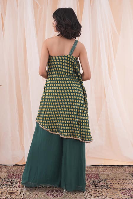 Farha Syed_Green Brocade, Georgette Cut Work Tear Drop Woven Kaftan And Flared Pant Set _Online_at_Aza_Fashions