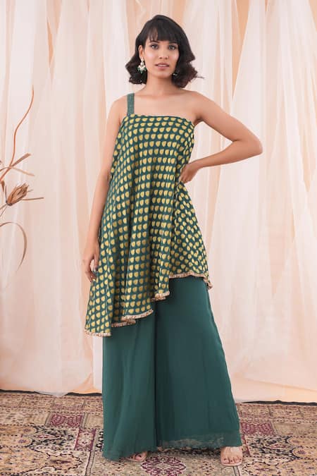 Buy_Farha Syed_Green Brocade, Georgette Cut Work Tear Drop Woven Kaftan And Flared Pant Set _Online_at_Aza_Fashions