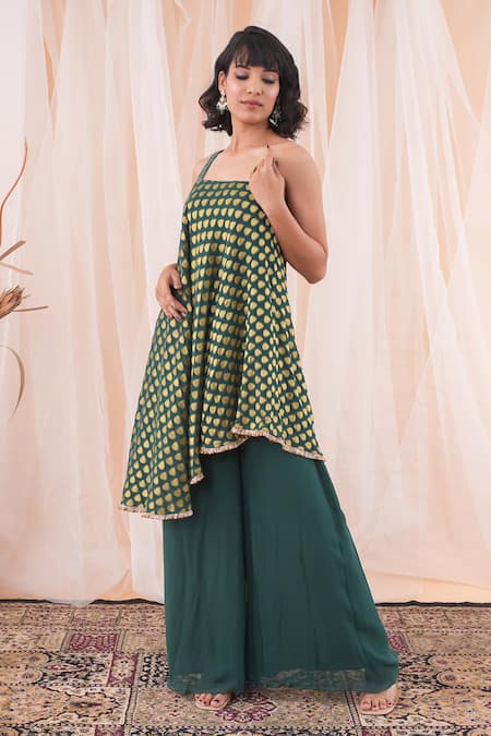 Farha Syed_Green Brocade, Georgette Cut Work Tear Drop Woven Kaftan And Flared Pant Set _at_Aza_Fashions