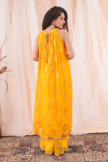 Farha Syed_Yellow Georgette Cut Work, Embroidery Halter Neck Floral Woven Kaftan And Pant Set _Online_at_Aza_Fashions