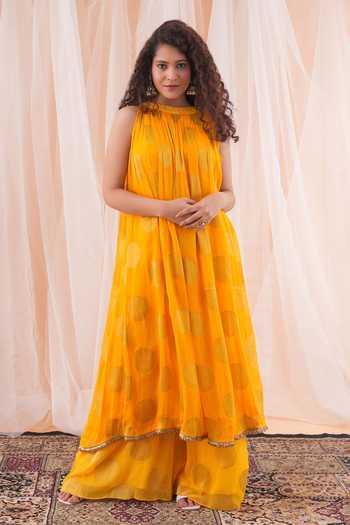 Buy_Farha Syed_Yellow Georgette Cut Work, Embroidery Halter Neck Floral Woven Kaftan And Pant Set _Online_at_Aza_Fashions