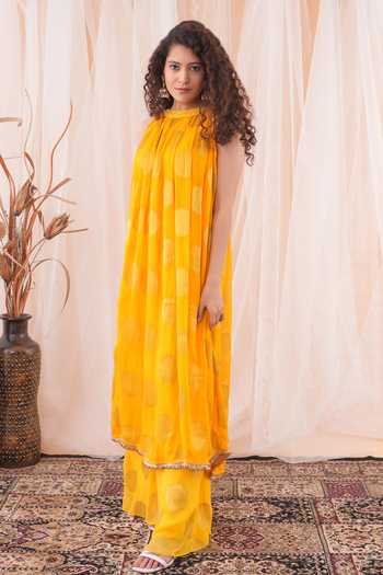 Shop_Farha Syed_Yellow Georgette Cut Work, Embroidery Halter Neck Floral Woven Kaftan And Pant Set _Online_at_Aza_Fashions