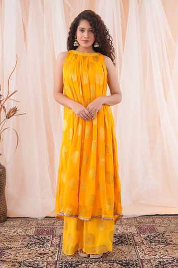 Farha Syed_Yellow Georgette Cut Work, Embroidery Halter Neck Floral Woven Kaftan And Pant Set _at_Aza_Fashions