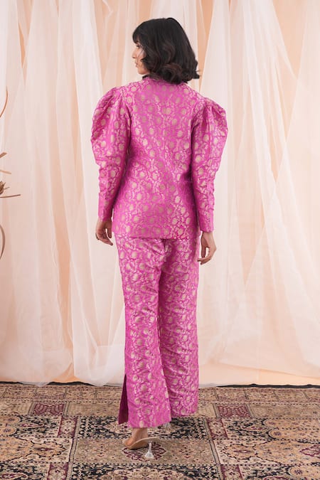 Farha Syed Magenta Brocade, Taffeta Embroidery Floral Woven Blazer And Pant Set Online at Aza Fashions Farha Syed_Magenta Brocade, Taffeta Embroidery Floral Woven Blazer And Pant Set _Online_at_Aza_Fashions