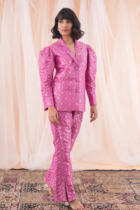 Buy Farha Syed Magenta Brocade, Taffeta Embroidery Floral Woven Blazer And Pant Set Online at Aza Fashions Buy_Farha Syed_Magenta Brocade, Taffeta Embroidery Floral Woven Blazer And Pant Set _Online_at_Aza_Fashions